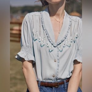 Simple retro prairie blouse top size S floral feminine